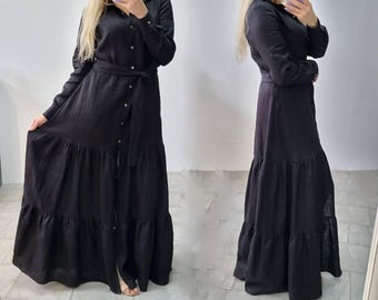 Black Linen Maxi Shirt Dress for Women – Long Sleeve Button Front Tiered Shirtdress with Pockets, Oversized Boho Style