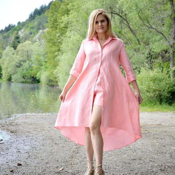 Coral Linen Shirt Dress for Women – Asymmetrical Button Front Dress with Pockets, 3/4 Sleeve Boho Summer Linen Clothing