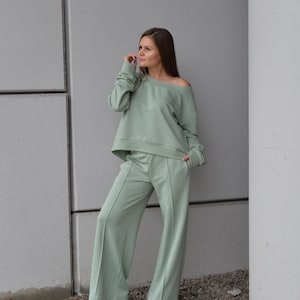 Two-piece Cotton Set, Women Activewear Set, Lounge Wear Set, Plus Size Clothing, Sweatsuit Woman, Tracksuit For Women, Green Tea Sport Set