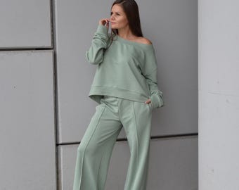 Two-piece Cotton Set, Women Activewear Set, Lounge Wear Set, Plus Size Clothing, Sweatsuit Woman, Tracksuit For Women, Green Tea Sport Set