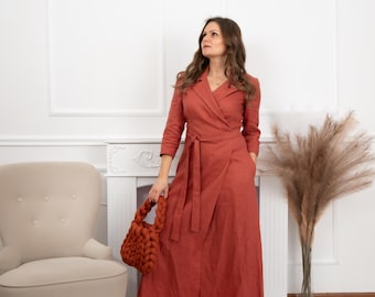 Brick Red Linen Dress, Wrap Linen Dress, Lapel Dress, Maxi Linen Dress, Summer Linen Dress, Linen Dress With Pockets, Elegant Linen Dress