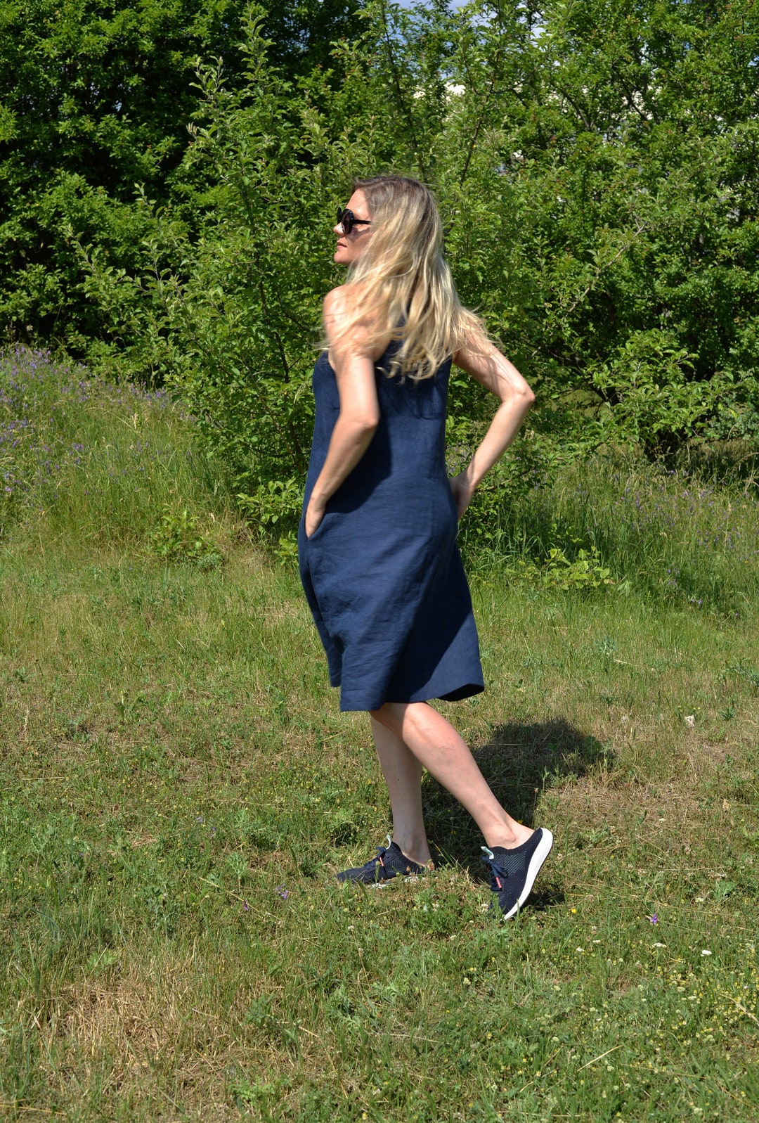 LINEN MIDI DRESS Minimalist Blue Dress Linen Summer Dress Plus Size