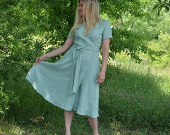 Linen Wrap Dress • Linen Dress Women • Summer Linen Dress • Linen Clothing • Linen Midi Dress • Short Sleeve Dress • ARIA • Dress Linen
