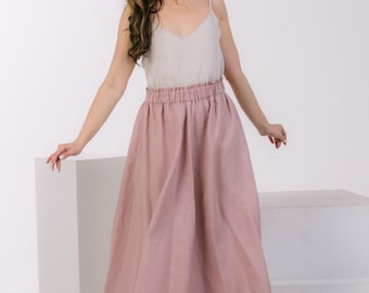 Dusty Rose Linen Maxi Skirt, Elastic Waist, Pockets, High Waisted Summer Skirt