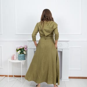 Olive Green Linen Dress, Linen Wrap Dress, Maxi Linen Dress,  Hooded Linen Dress ,Linen Dress With Pockets, Linen Dress For Women,Boho Dress