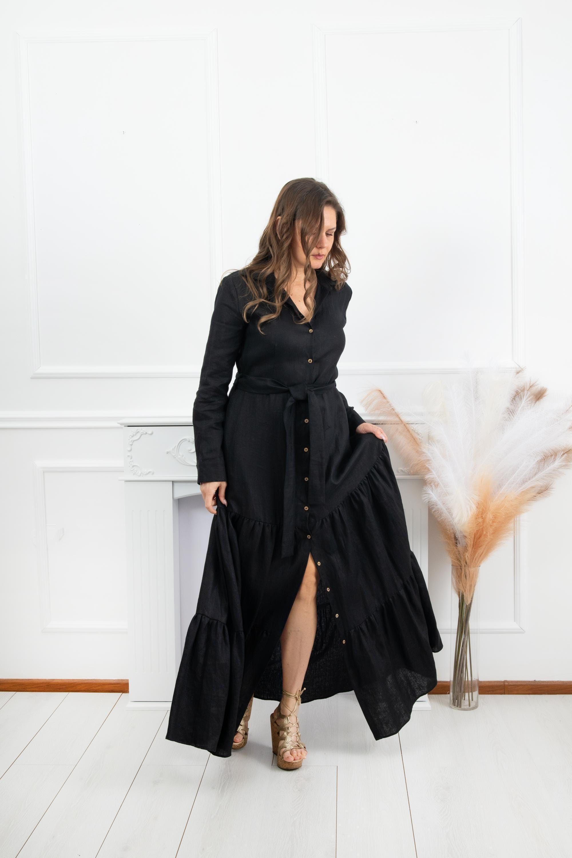 black linen maxi dress with sleeves black linen midi dress with sleeves Florence Smocked Linen Midi Dress