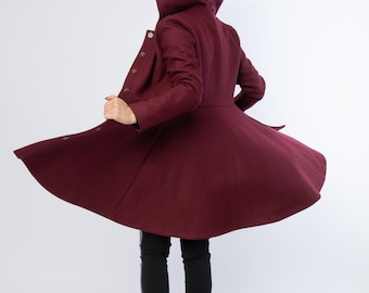 フード付きウールプリンセスコート、アシンメトリーフリルハイロー