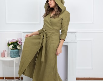 Vestido largo cruzado de lino 100% verde oliva con capucha y mangas tres cuartos para mujer, tallas grandes, con cinturón y bolsillos – Vestido bohemio casual de verano XS-4XL
