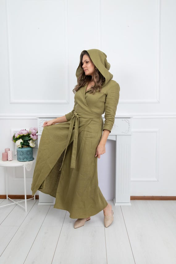 plus size olive green wrap dress Women's Hooded 3/4 Sleeve 100% Linen Maxi With Belt & Pockets – Boho Casual Summer Dress XS-4XL WK7FY2027SLOWSELLERS