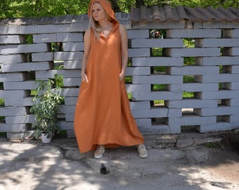 Bubble Maxi Dress, Orange Linen Dress, Summer Maxi Dress, Hooded Linen  Dress, Sleeveless Linen Dress, Linen Dresses For Women