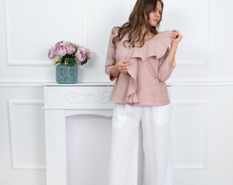 Dusty Rose Linen Blouse, Linen Blouse With Ruffle Detail, Romantic Linen Blouse, Linen Top With Sleeves, Summer Linen Tunic,  Linen Top