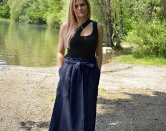 Linen Skirt Women • High Waisted Linen Skirt With Pockets • Plus Size Clothing • Dark Blue Skirt • Maxi Linen Skirt • Summer skirt