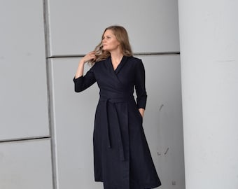Shawl Collar Wool Dress, Dark Blue Wrap Dress, Long Wool Dress, Warm Wool Dress, Plus Size Dress, Wrap Winter Dress, Christmas Wool Dress