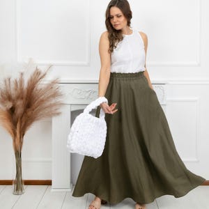 Linen Maxi Skirt with Elastic Waist, Long Linen Skirt, Summer Maxi Linen Skirt, High Waist Skirt for Women, Military Green Linen Skirt