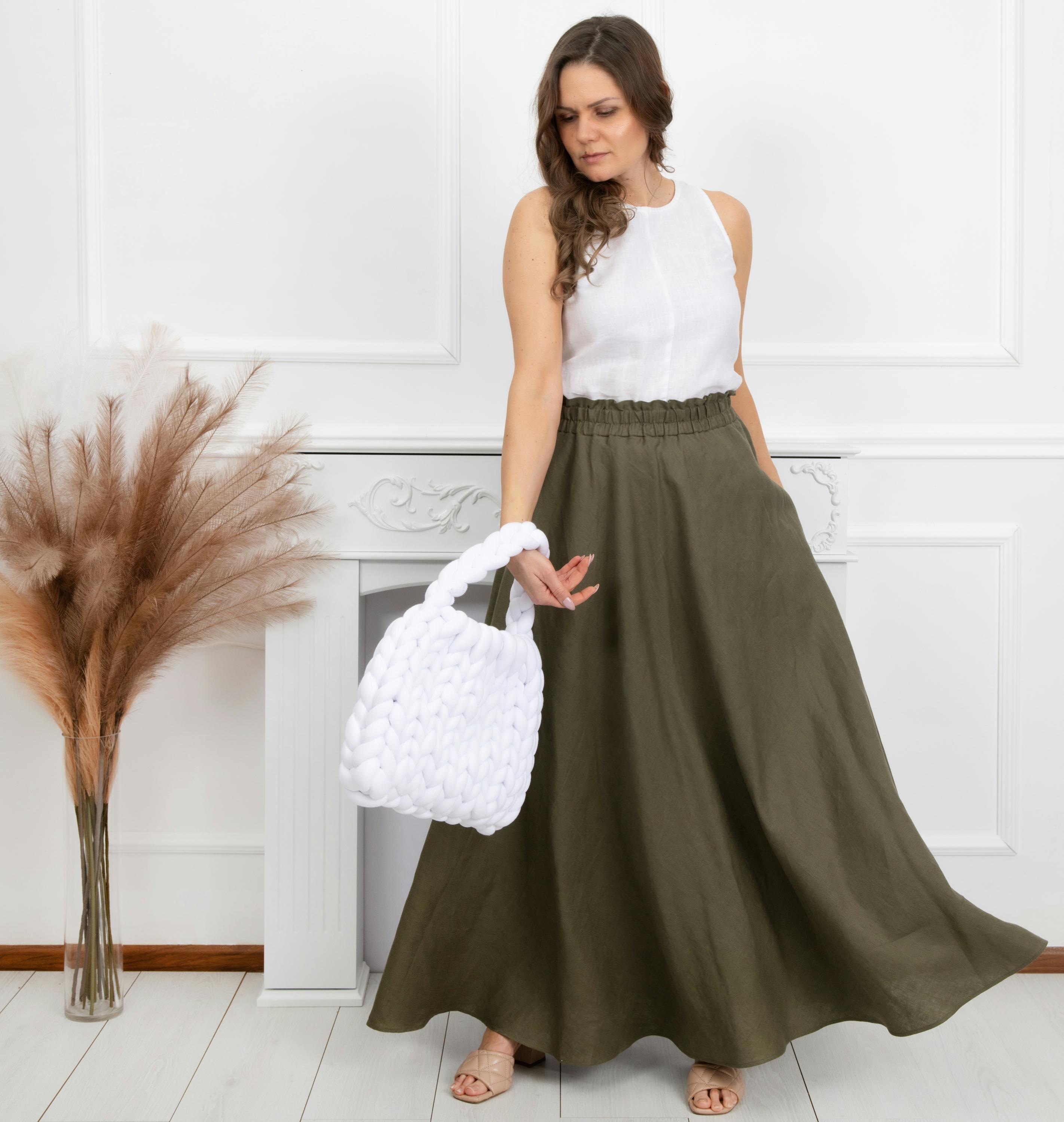 Linen Maxi Skirt with Elastic Waist, Long Linen Skirt, Summer Maxi Linen Skirt, High Waist Skirt for Women, Military Green Linen Skirt