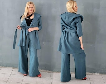 Wide Leg Pants Women, Two-piece Linen Set, Hooded Linen Vest, Wide Leg Pants, Plus Size Linen Set, Summer Linen Vest With Belt
