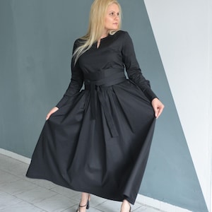 Black Cotton Dress, Long Sleeves Dress, Formal Maxi Dress, Evening Black Dress, Long Cotton dress, Plus Size dress, Cocktail Dress