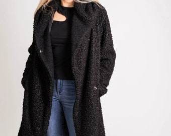 Manteau d'hiver chaud noir, Manteau pour femme respectueux de l'environnement, Manteau d'hiver à capuche, Manteau-pull, Vêtements grande taille, Vêtements d'extérieur chauds, Manteau relax oversize