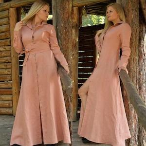 Maxi Linen Shirt Dress , Long Sleeves Shirt Dress, Elegant Dress, Apricot Color Linen Dress, Maxi Linen Dress, Summer Linen Dress