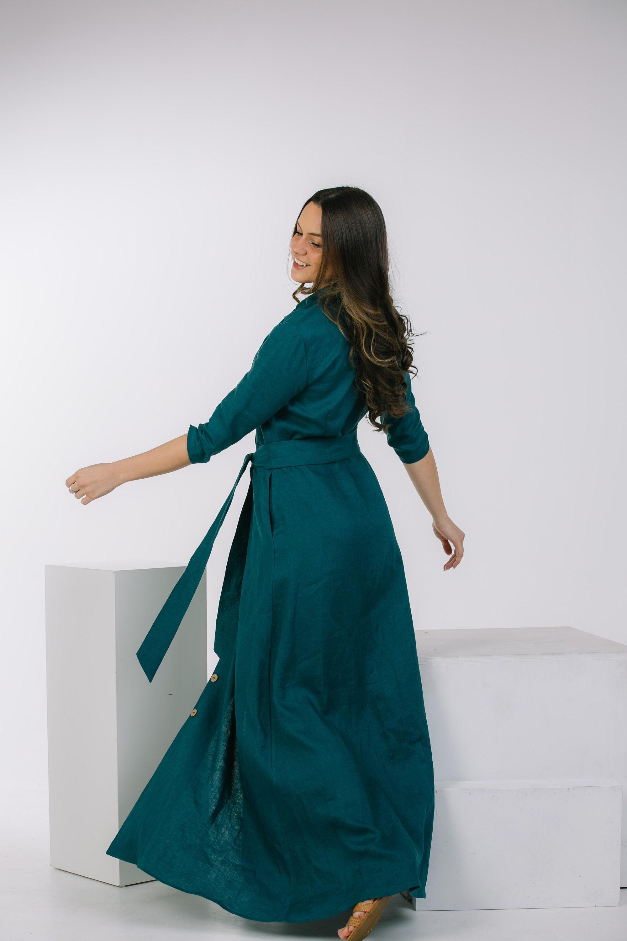 knee length dresses for ladies Wintour Midi Dress In Emerald Linen Blend – St Frock main image 0