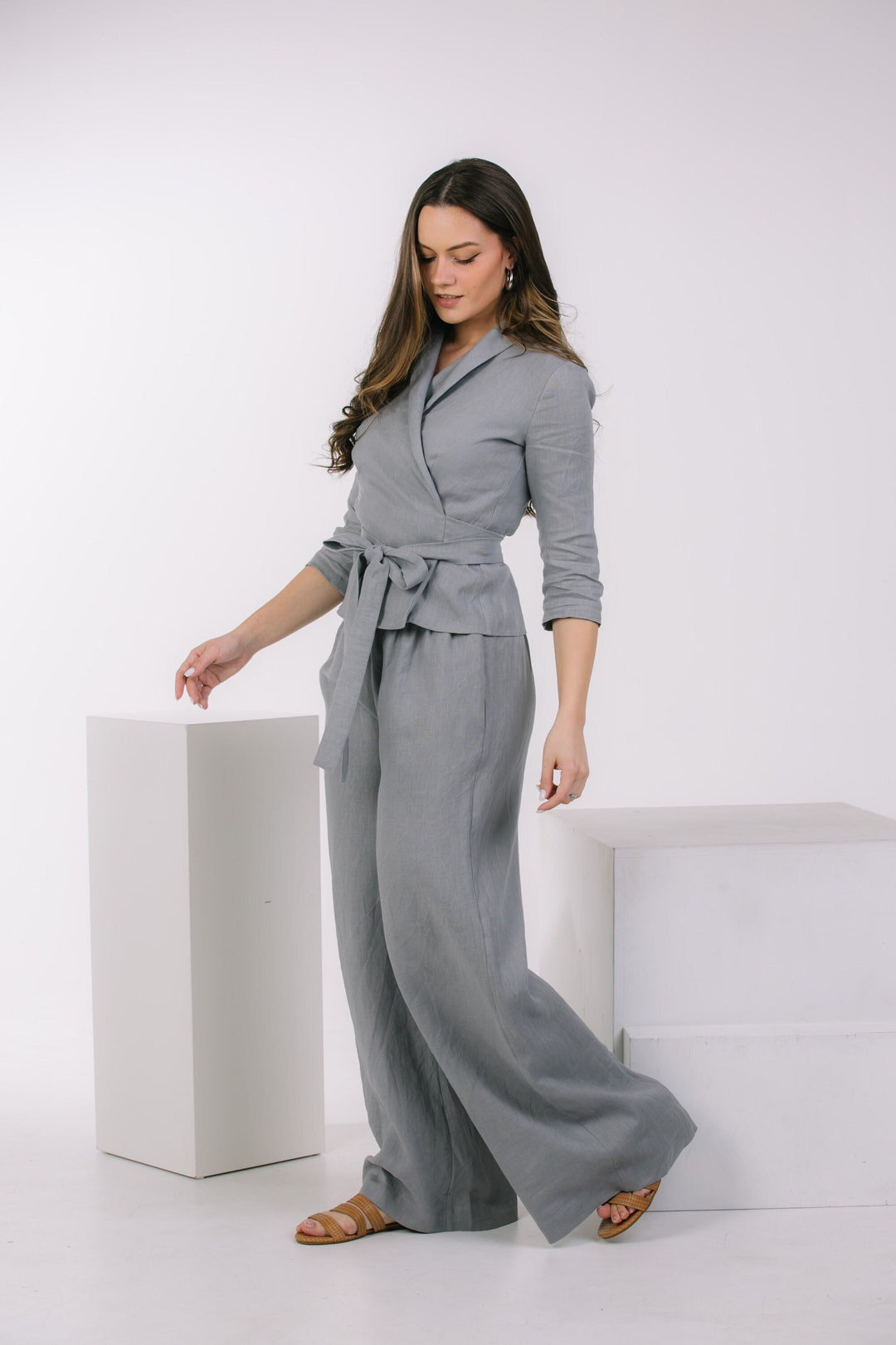 French Grey Elastic Waist Pockets Linen Wide Leg Pants Summer