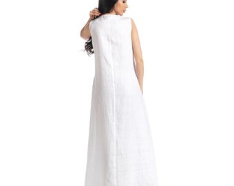 White Linen Maxi Dress for Women – Sleeveless V-Neck A-Line Beach Dress with Pockets, Plus Size Boho Clothing