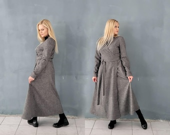Wool Wrap Dress, Grey Maxi Wool Dress, Formal Woolen Dress, Long Sleeves Dress, Plus Size Dress, Wrap Winter Dress, Christmas Wool Dress