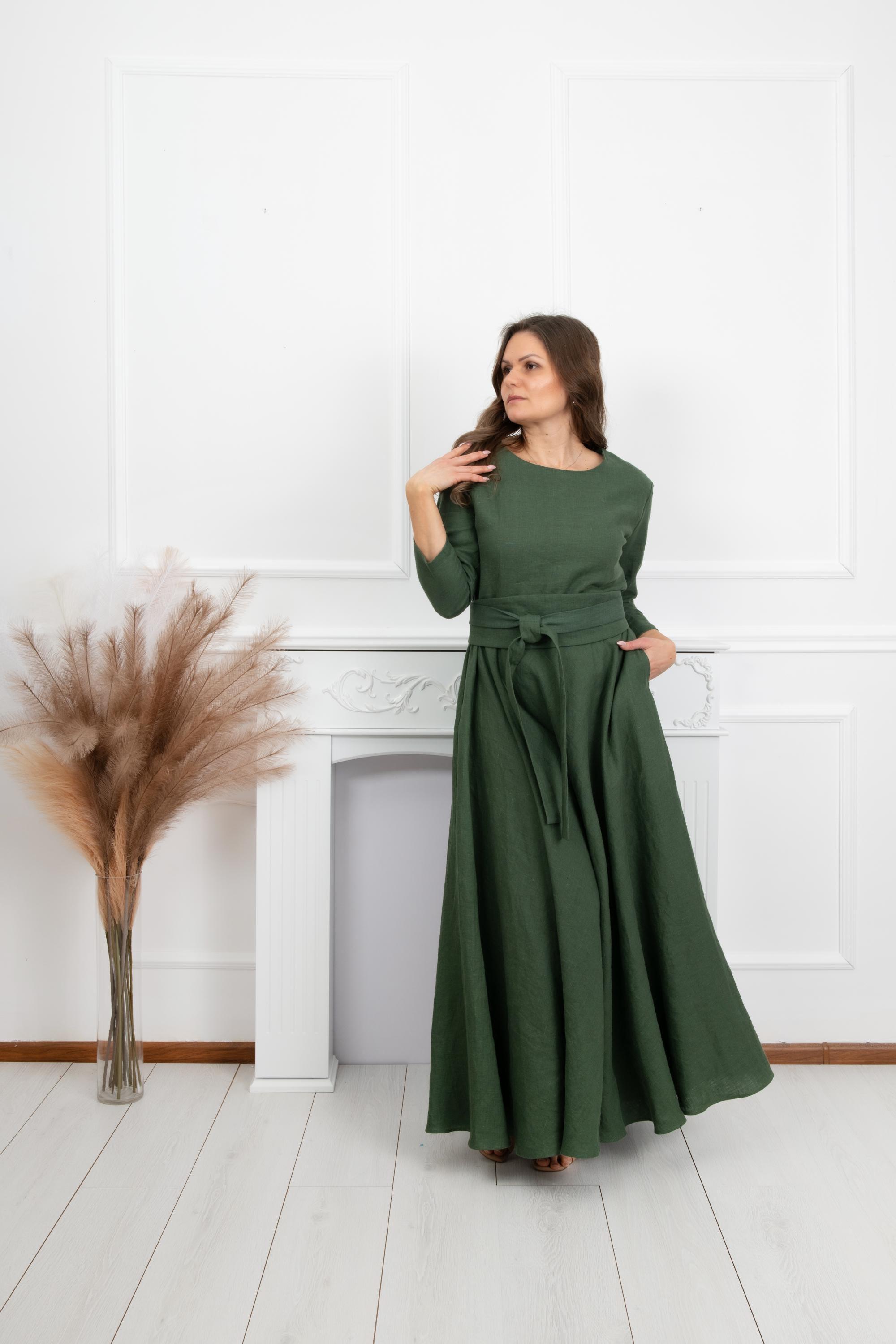 belted military dress in basket weave linen Khaki Cotton Broderie Belted Woven Midi Dress
