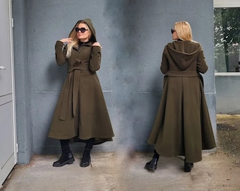 Asymmetric Wool Coat Military Jacket, Hooded Maxi Coat For Women, Handmade Wool Coat, Princess Coat Wool Dress Coat Pattern