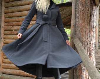 Belted Wool Coat Womens, Asymmetric Wool Coat Grey, Hooded Maxi Coat For Women,  Plus Size Winter Clothing, Princes Single Breast Coat