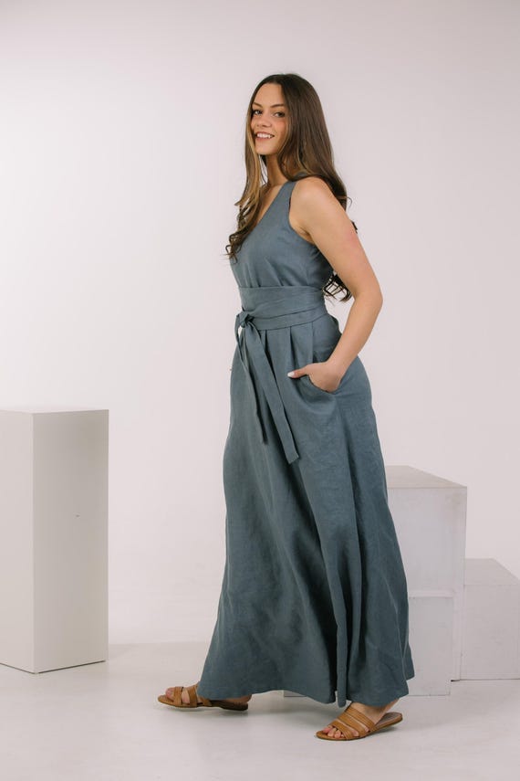 Dark Grey Maxi Linen Dress, Maxi Linen V Neck Dress With Obi Belt,  Sleeveless Dress, Linen Abaya, Comfy Dress, Boho Linen Dress, Beach Dress -  Etsy