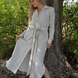 Linen Shirt Dress Women • Long Linen Dress • Cardigan Dress With Obi Belt • Boho Linen Dress • Plus Size Clothing | Dress Linen