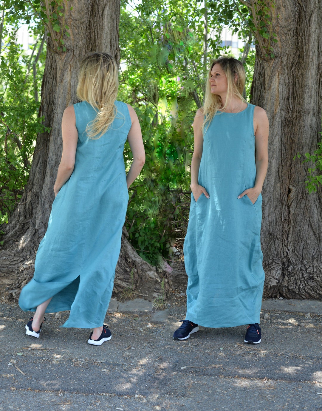 Blue Green Linen Dress Bubble Maxi Dress Summer Maxi Dress Sleeveless