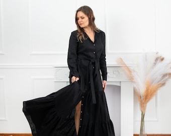 knee length dresses for ladies Bua Linen Maxi dress - Black