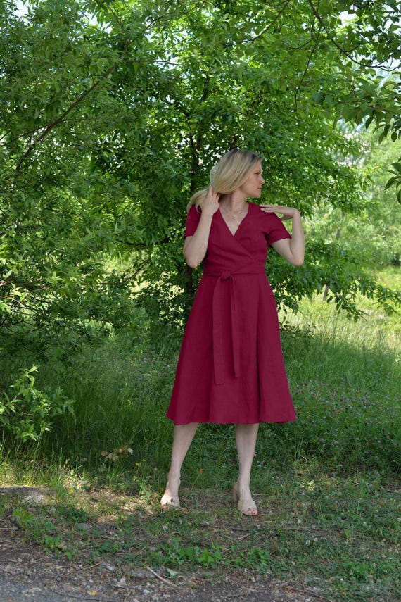 Bordeaux Linen Wrap Dress  Summer Linen Dress for Women  Organic Linen  Wrap Dress  Gift for Wife  Short Sleeve Romantic Linen Dress - Etsy