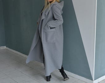 Cardigan With Hood, Winter Cardigan, Grey Wool Cardigan Coat, Maxi Sweater Coat, Asymmetric Cardigan Coat, Hooded Grey Coat, Oversize Coat