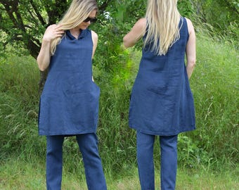 Linen Set Womens Clothing • Two-piece Linen Set Women • Sleeveless Linen Set Pants And Tunic • Blue Summer Linen Set • V-neck Tunic
