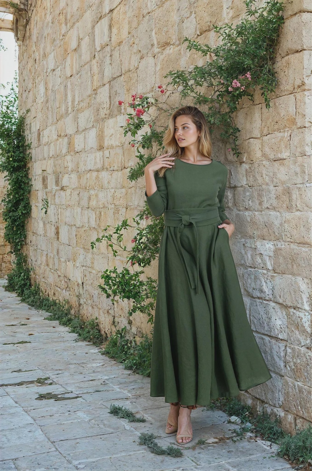 olive green linen maxi dress Vintage khaki green linen summer maxi dress