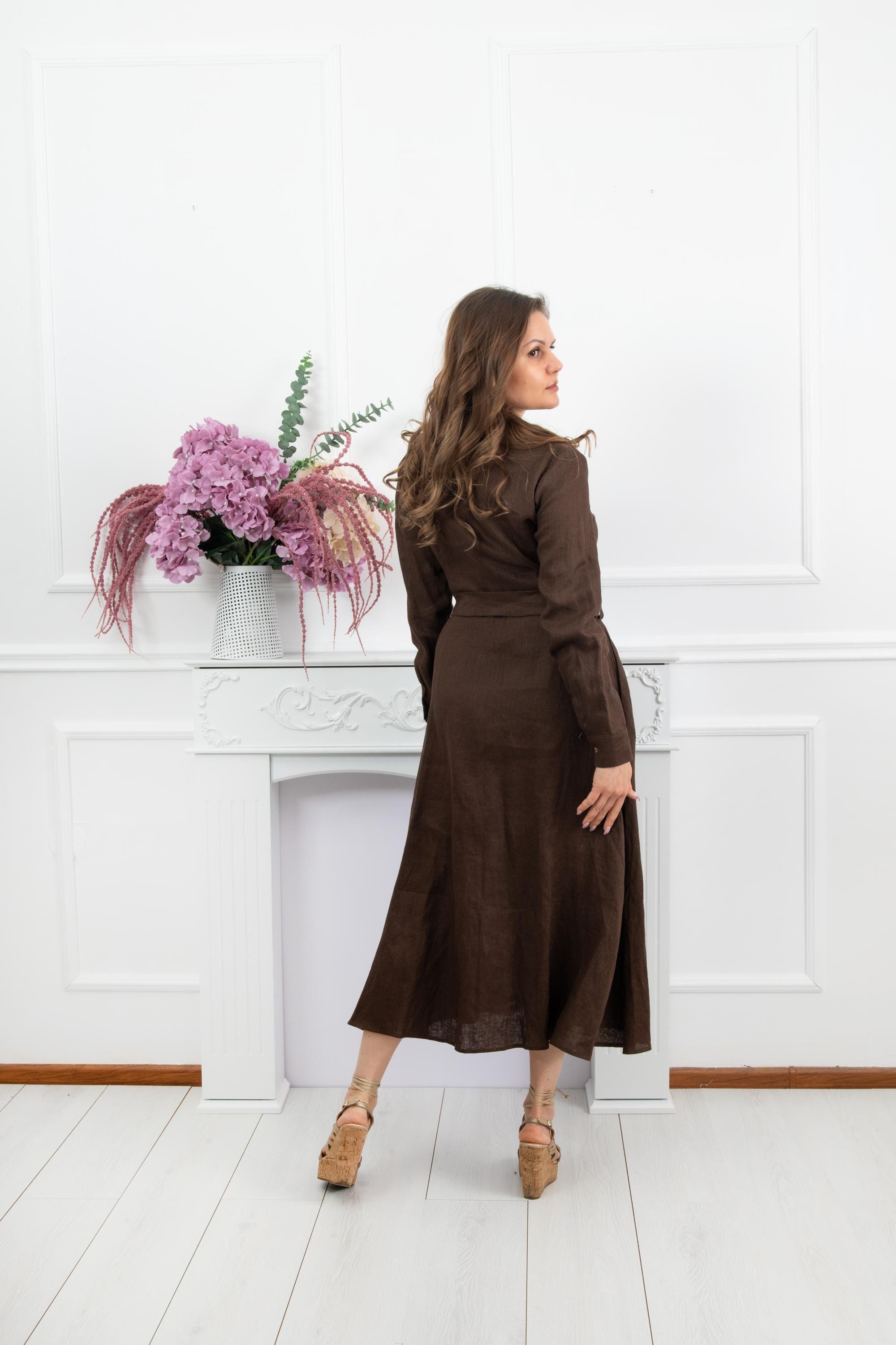 brown shirt dress women Brown Linen Shirt Dress, Linen Shirt Dress for Women, Long Sleeve Boho Dress,  Long Button Down Dress, Collared Linen Dress With Pockets