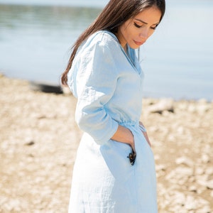 Linen Shirt Dress, Light Blue Summer Linen Dress, Hooded Shirt Dress, Plus Size Clothing, Above The Knee Dress, Linen Dresses For Women