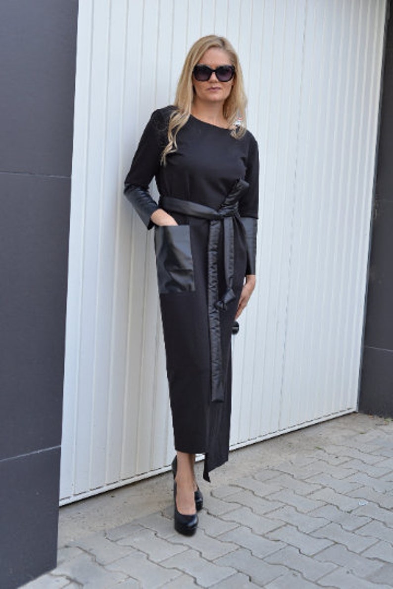 Faux Leather Dress Black Maxi Dress Asymmetric Dress Evening Dress Plus Size Clothing Halloween Party Dress image 2