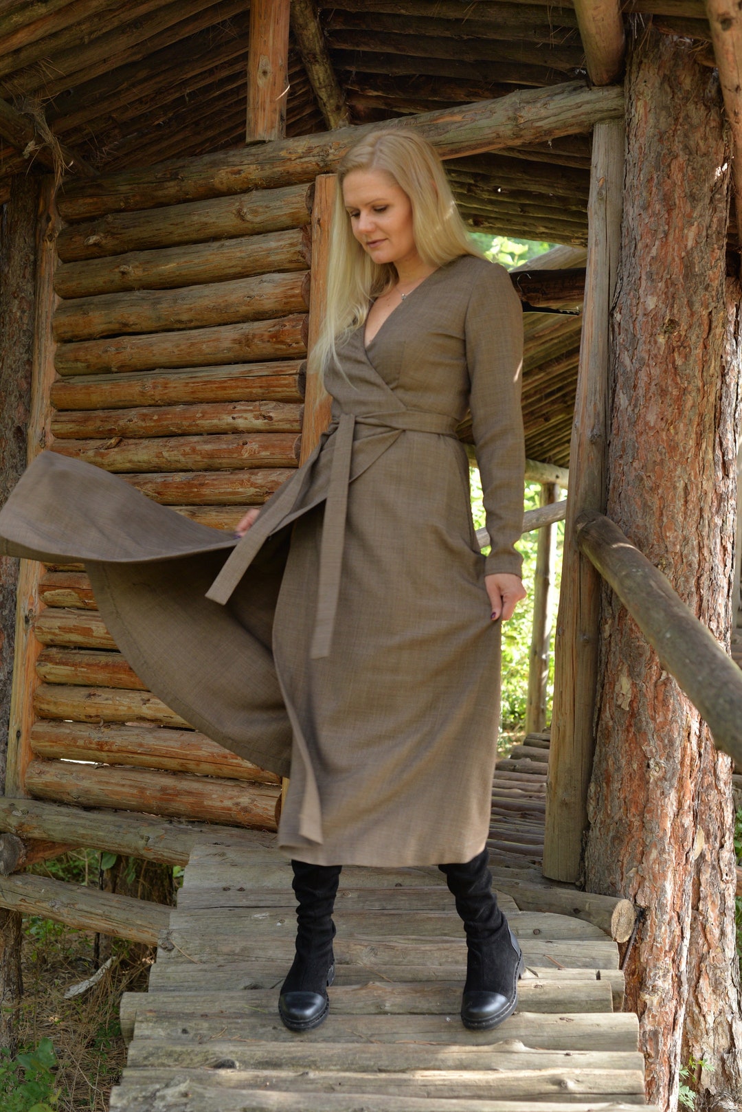 Wool Wrap Dress Long Wool Dress Formal Woolen Dress Long Sleeves Dress