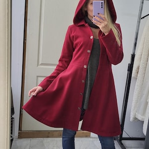 Winter Outwear, Winter Wool Coat, Bordeaux Hooded Midi Winter Coat, Plus Size Winter Clothing, Princes Single Breast Coat