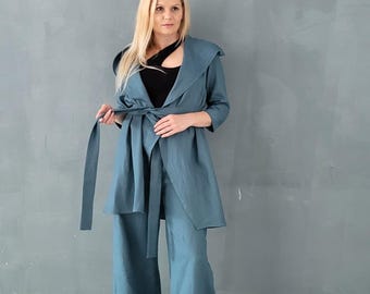 Hooded Linen Set Of Two, Wide Leg Pants Women, Blue Linen Vest, Elastic Waist Pants, Plus Size Linen Set, Summer Linen Vest With Belt
