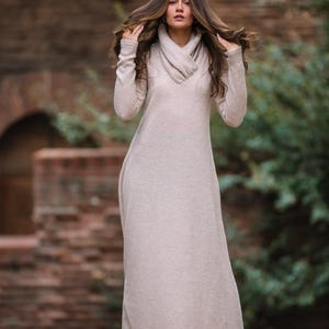 Beige winter gebreide jurk, coltrui jurk, gebreide trui jurk voor vrouwen, winter maxi-jurk, warme winterjurk, grote maten winterjurk