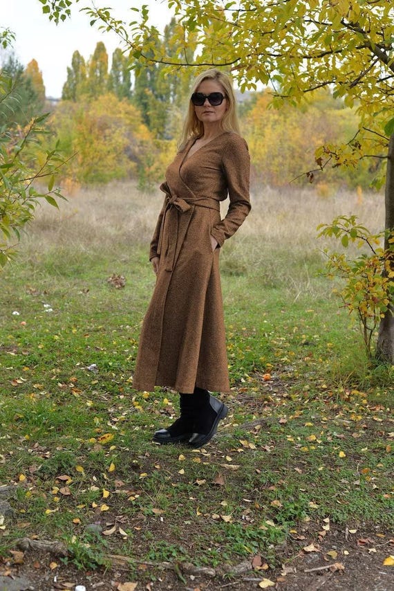wool christmas dress Camel Dress, Wrap Wool Dress, Long Wool Dress, Warm Wool Dress, Long Sleeves Dress, Wrap Winter Dress, Wool formal red christmas dress