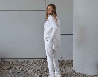 Sudadera blanca con capucha y joggers, conjunto deportivo para mujer, ropa de estar por casa, tallas grandes, sudadera con capucha para mujer, chándal para mujer, conjunto deportivo