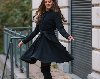 Black Hooded Wool Winter Coat for Women, Princesss Style Midi Overcoat with Belt, Elegant Plus Size Wool Coat, Winter Outerwear with Pockets