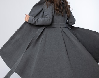 Wollen jas met sjaalkraag, lange grijze winterjas voor dames, jas van wolmix met ceintuur en zakken, warme winterkleding