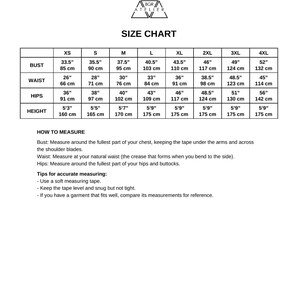 The image is a size chart that provides measurements for bust, waist, hips, and height. It includes bust, waist, hips, and height measurements for both XS and S, M, and XL sizes. The chart also provides tips for accurate measurements and suggests using a soft measuring tape to ensure proper fit.